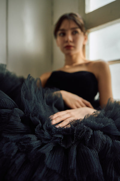 ベロア チュール ティアードドレス(W302BK)