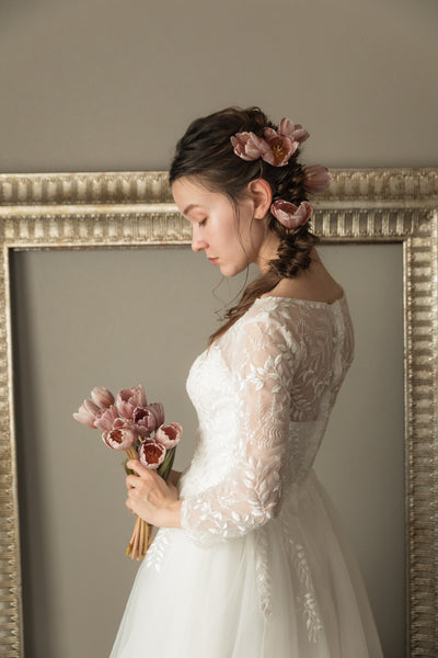 リーフデザイン 七分袖 チュール ウエディングドレス(W29)