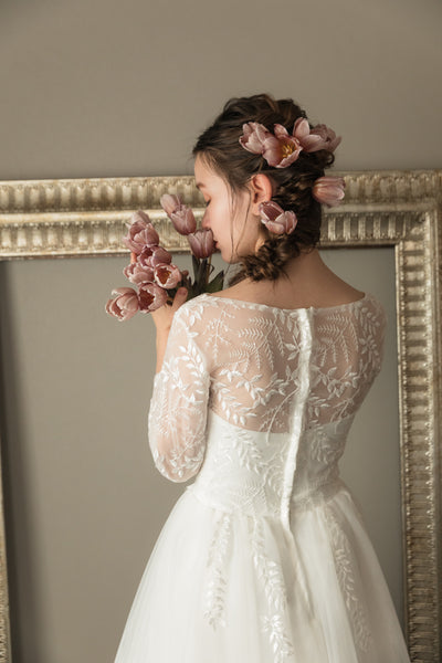 リーフデザイン 七分袖 チュール ウエディングドレス(W29)