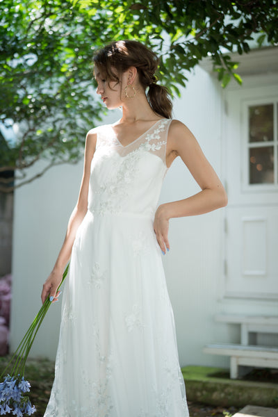 Vネック 裾レース スレンダードレス(W228)