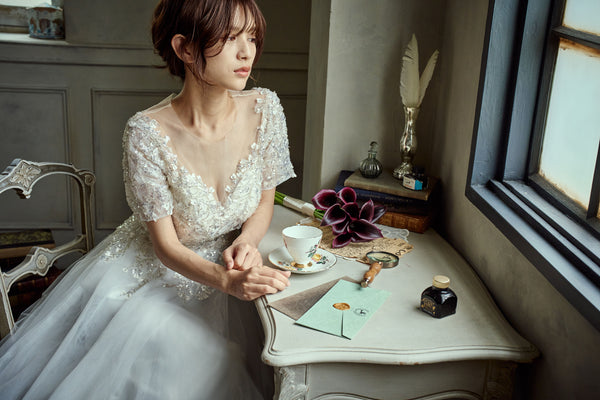 ビーズ刺繍 袖付き チュールドレス(W273)