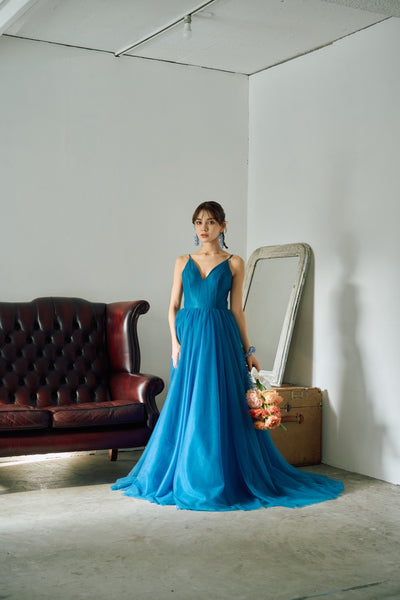 Vネック キャミソールドレス ブルー(W294BL)