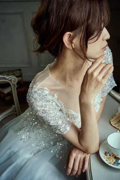 ビーズ刺繍 袖付き チュールドレス(W273)