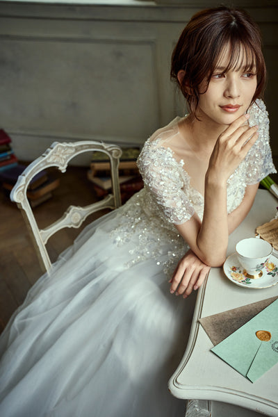 ビーズ刺繍 袖付き チュールドレス(W273)