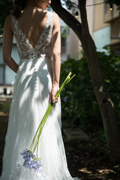 Vネック 裾レース スレンダードレス(W228)