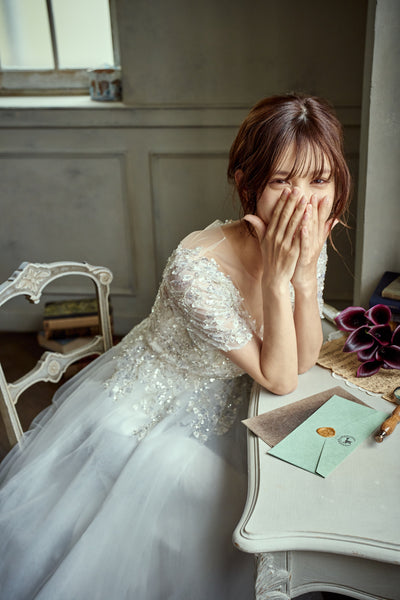 ビーズ刺繍 袖付き チュールドレス(W273)