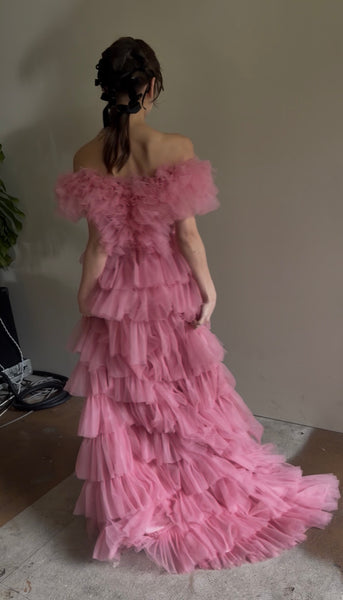 オフショルダー チュール ティアードドレス(W358)