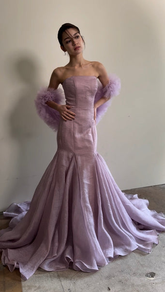 フリルスリーブ ベアトップ ソフトマーメイドドレス(W361)