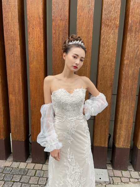 ボリューム袖 ベアトップ 総レースドレス(W251)