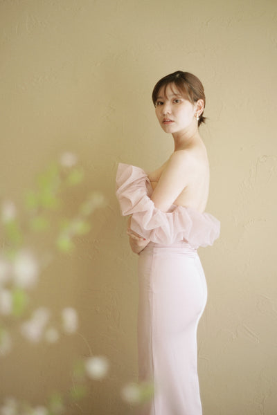 チュールショルダー ソフトマーメイドドレス ダスティピンク(W341DP)