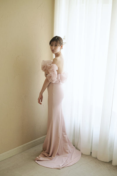 チュールショルダー ソフトマーメイドドレス ダスティピンク(W341DP)