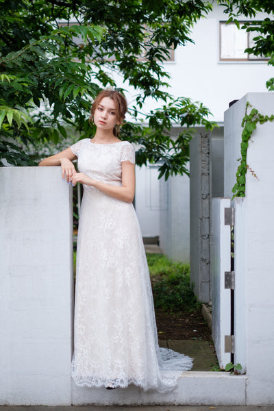 総レース ボートネック 半袖 スレンダードレス(W222)