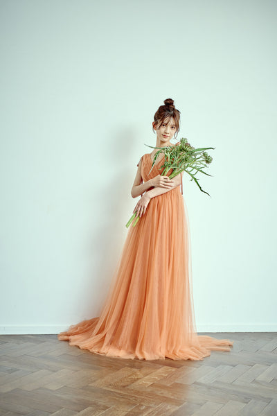 リボンショルダー Vネック テラコッタ チュールドレス(W271TE)