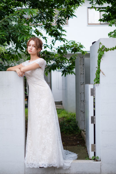 総レース ボートネック 半袖 スレンダードレス(W222)