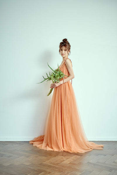 リボンショルダー Vネック テラコッタ チュールドレス(W271TE)