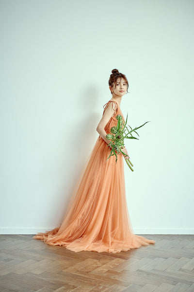 リボンショルダー Vネック テラコッタ チュールドレス(W271TE)