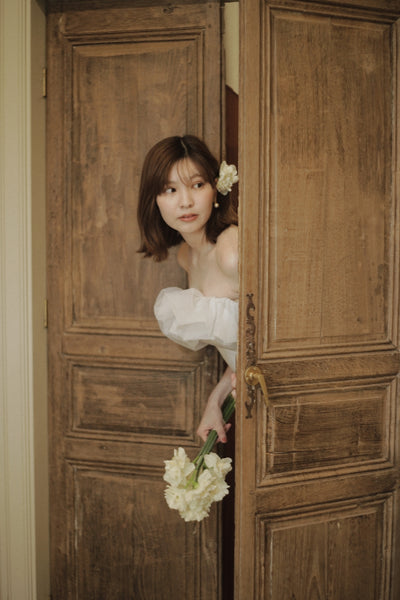 チュールショルダー ソフトマーメイドドレス ブルーグレー(W341BG)