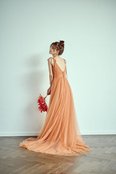 リボンショルダー Vネック テラコッタ チュールドレス(W271TE)