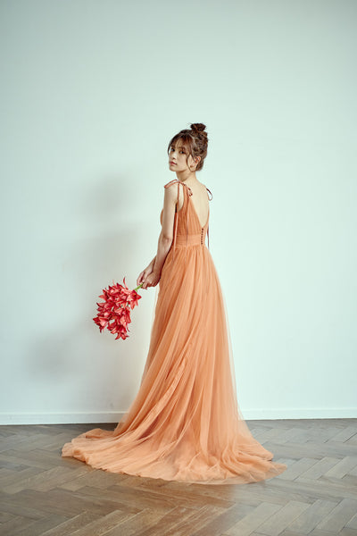 リボンショルダー Vネック テラコッタ チュールドレス(W271TE)