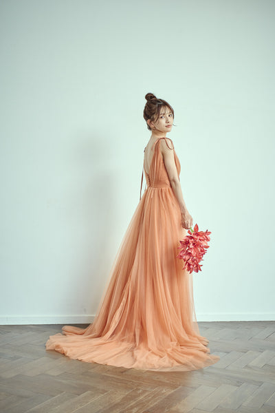 リボンショルダー Vネック テラコッタ チュールドレス(W271TE)