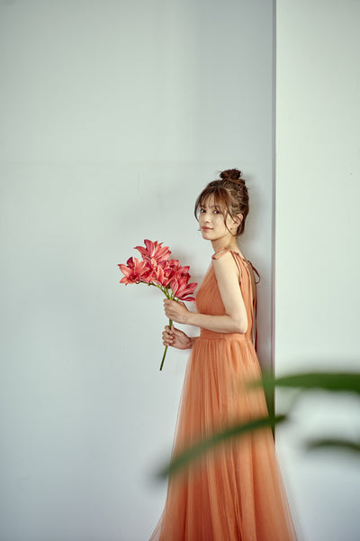 リボンショルダー Vネック テラコッタ チュールドレス(W271TE)