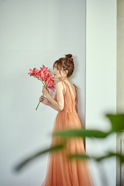 リボンショルダー Vネック テラコッタ チュールドレス(W271TE)