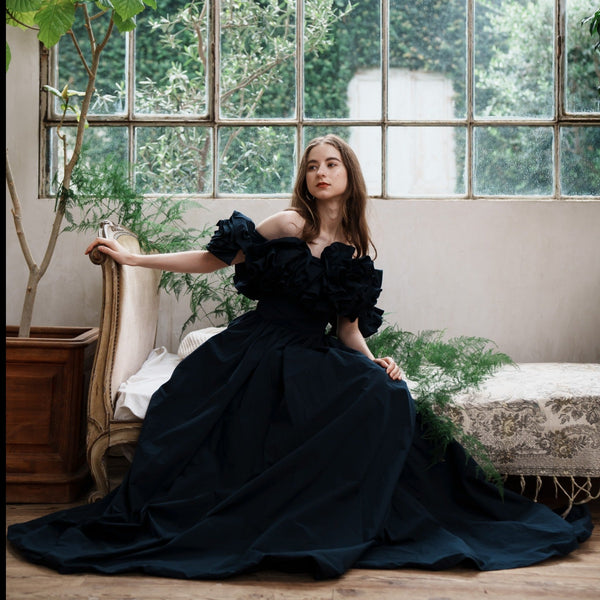 フリルショルダー タフタ ネイビードレス(W266)