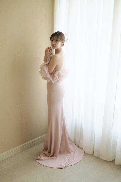 チュールショルダー ソフトマーメイドドレス ダスティピンク(W341DP)