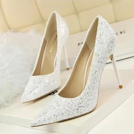 グリッター ポインテッドトゥ パンプス ホワイト(S26)