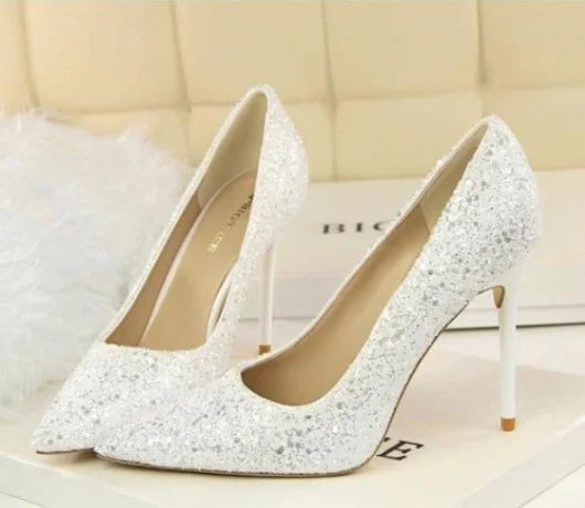 グリッター ポインテッドトゥ パンプス ホワイト(S26)