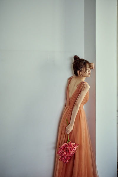 リボンショルダー Vネック テラコッタ チュールドレス(W271TE)