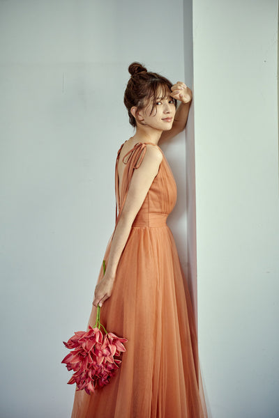 リボンショルダー Vネック テラコッタ チュールドレス(W271TE)