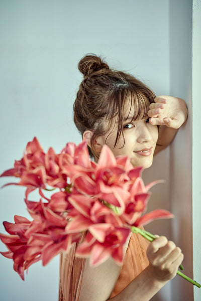 リボンショルダー Vネック テラコッタ チュールドレス(W271TE)