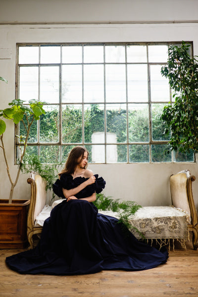 フリルショルダー タフタ ネイビードレス(W266)