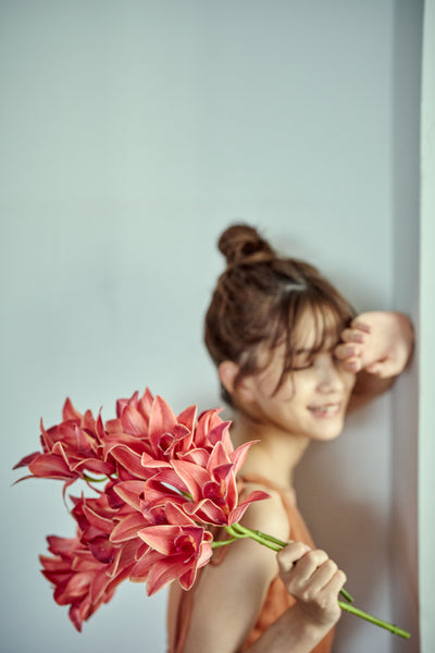 リボンショルダー Vネック テラコッタ チュールドレス(W271TE)