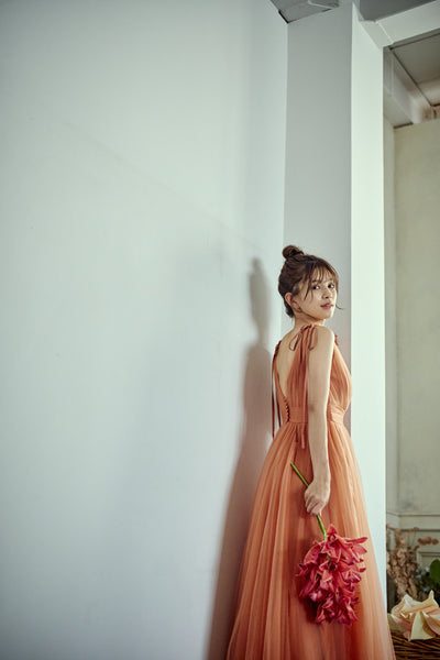 リボンショルダー Vネック テラコッタ チュールドレス(W271TE)