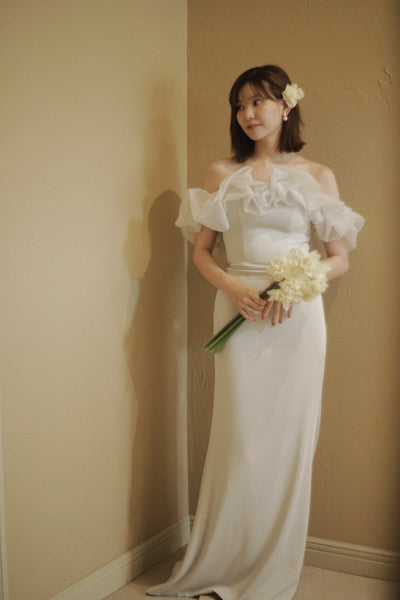 チュールショルダー ソフトマーメイドドレス ブルーグレー(W341BG)