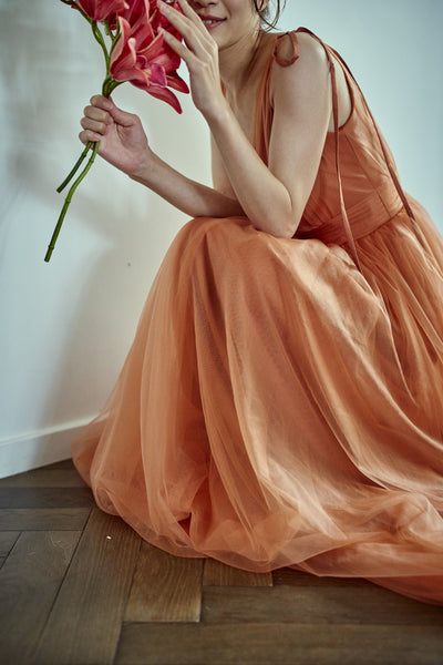 リボンショルダー Vネック テラコッタ チュールドレス(W271TE)