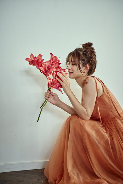 リボンショルダー Vネック テラコッタ チュールドレス(W271TE)