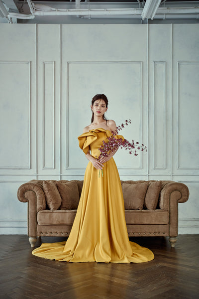 オフショルダー Aラインドレス マスタード(W274MU)