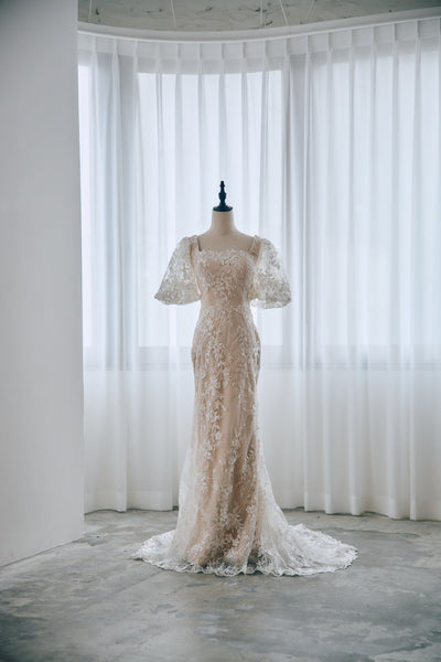 スクエアネック パフスリーブ 総レースドレス(W314)