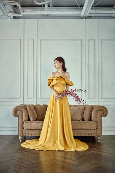 オフショルダー Aラインドレス マスタード(W274MU)