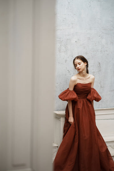 オーガンジーサテン パフスリーブドレス ボルドー(W260BO)