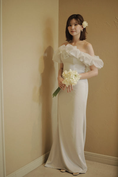 チュールショルダー ソフトマーメイドドレス ブルーグレー(W341BG)