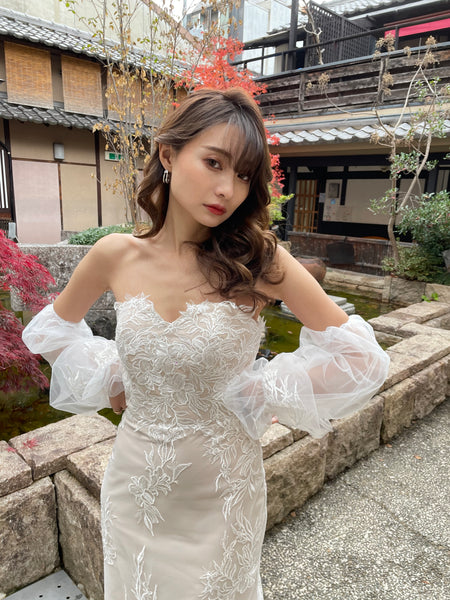 ボリューム袖 ベアトップ 総レースドレス(W251)