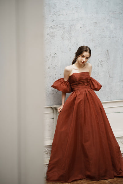 オーガンジーサテン パフスリーブドレス ボルドー(W260BO)