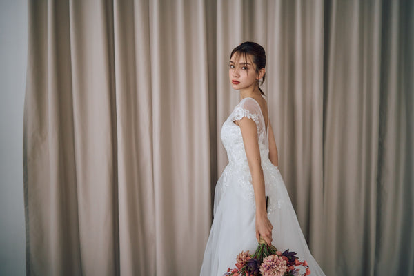 フレンチスリーブ 刺繍 Aラインドレス(W315)