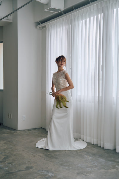 フレンチスリーブ 刺繍 ドッキングドレス(W324)