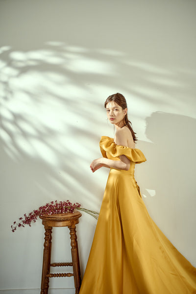 オフショルダー Aラインドレス マスタード(W274MU)