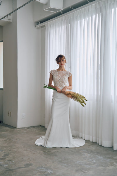 フレンチスリーブ 刺繍 ドッキングドレス(W324)